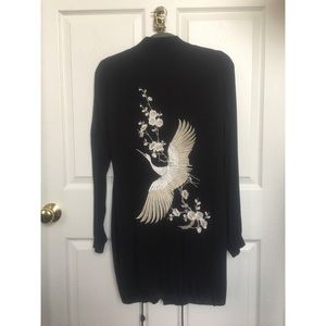Black Atmosphere Kimono Jacket with Embroidered Crane
